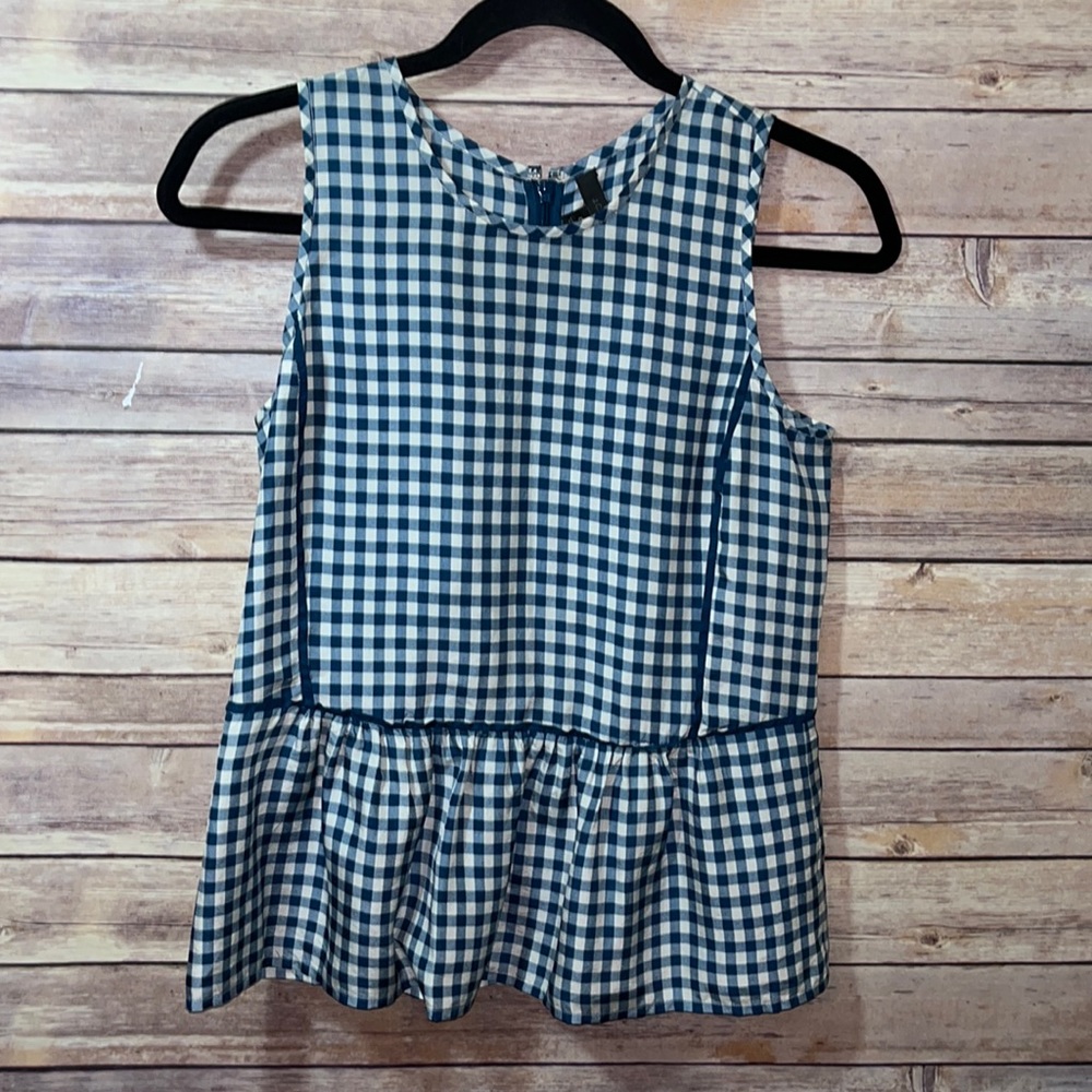 J. Crew 100% Silk Blue Gingham Pattern Peplum Blouse Size 00 A2